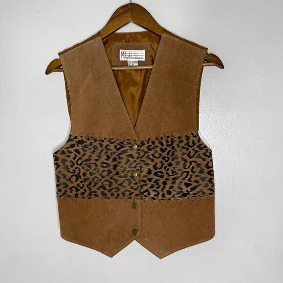Milano Design M Brown Leather Vest Western Cowboy Rodeo Leopard Cheetah Women's - Picture 1 of 7